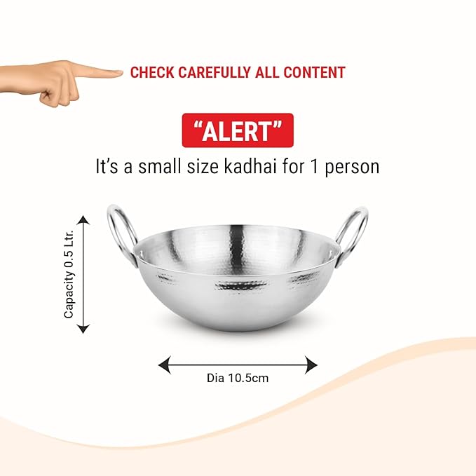 Prabha Stainless Steel Hammered Finish Heavy Gauge Kadhai Kitchen Wok with 0.5L Capacity 145 mm