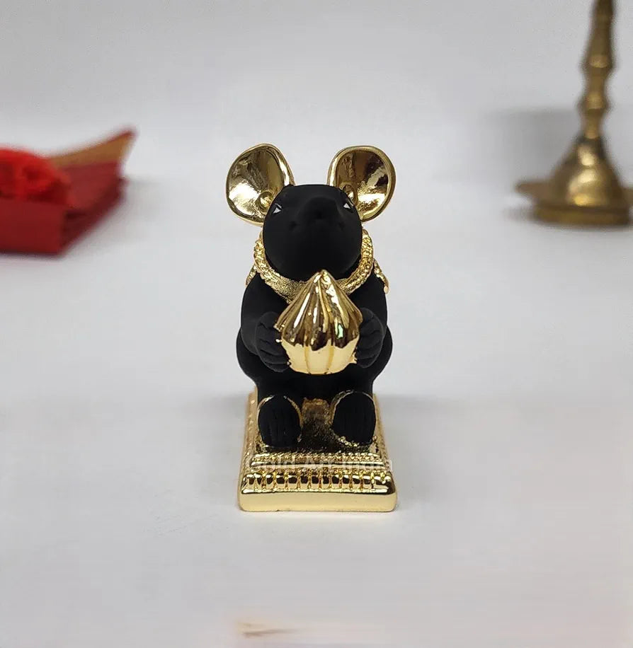 Gold Art India Gold-Plated Mushak Mouse with Modak Black Terracotta Finish