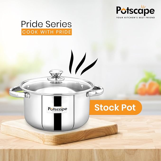 Potscape Pride Stock Pot 18 cm Capacity 1.8 Ltr Stainless Steel Tri-Ply Base with Glass Lid
