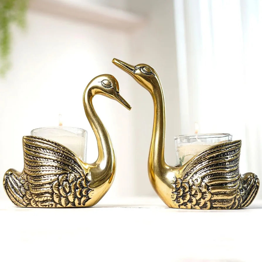 BEHOMA Aluminium Pair of Swans for Good Luck and Love | Candle Holder for Home| Showpiece for Gifting Anniversary Valentine's Day , Gold,13.5L x 7.5W x 14H Centimeters