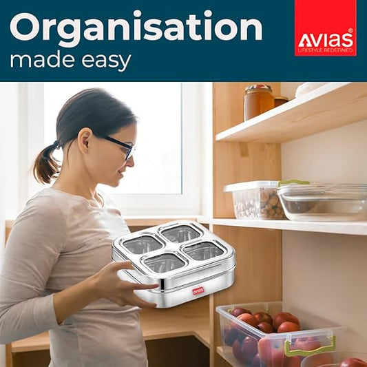 Avias 4 Square Stainless Steel Spice Box With See Through Glass Lid 4 Containers Storage Box Masala Dani