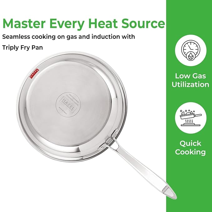 Hazel Triply Stainless Steel Frying Pan Induction Base Bottom Deep Fry Pan with Steel Lid 1.5 Litre 22 cm