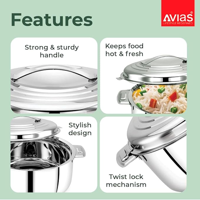 Avias Platina Premium 1500 ml Double Wall Insulated Stainless Steel Casserole Hot Pot for Roti