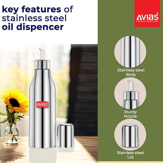 Avias Ezee Stainless Steel 1 Litres Easy Flow Stainless Steel Oil Dispenser Bottle with Cap