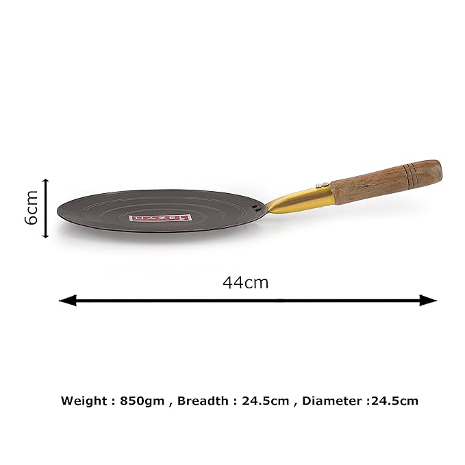 Hazel Iron Tawa with Wooden Handle Grip 24.5 Daimeter Lokhand Loha Pan