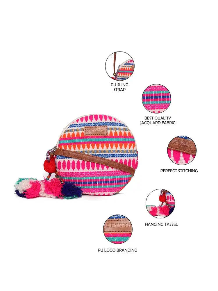 Astrid Round Textured Sling Bag For Girls With Zip Colour Pinkish Purple