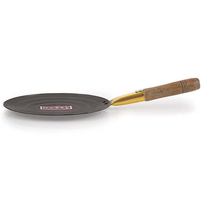 Hazel Iron Tawa with Wooden Handle Grip 24.5 Daimeter Lokhand Loha Pan