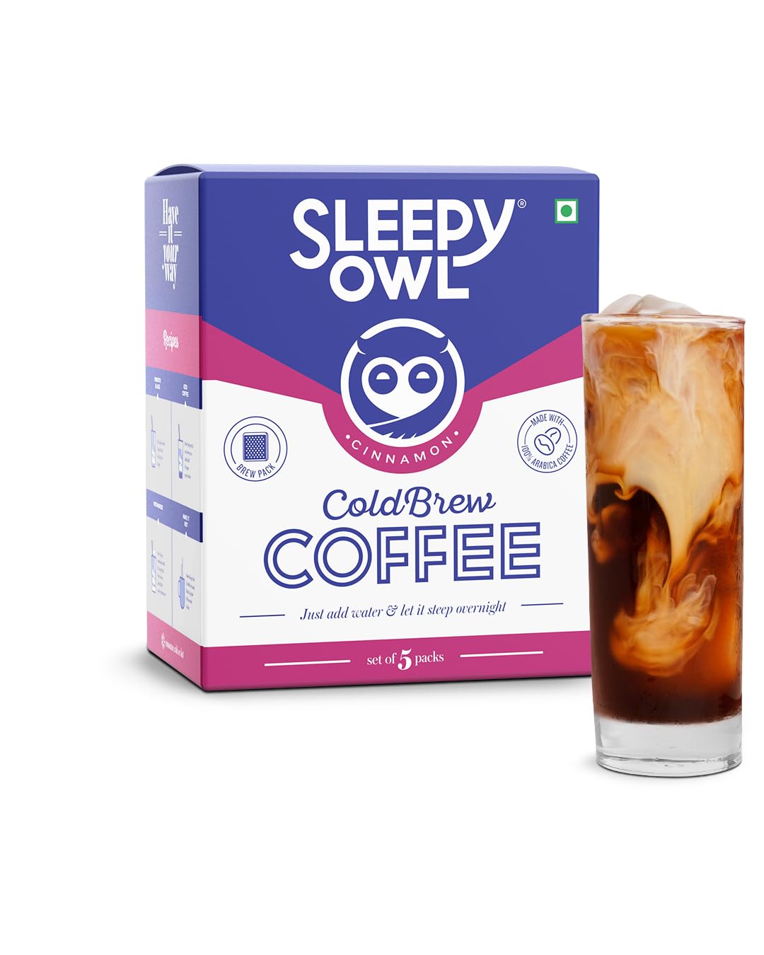 Sleepy Owl Cinnamon Cold Brew Coffee Bags Set of 5 Packs - 50 gms Each