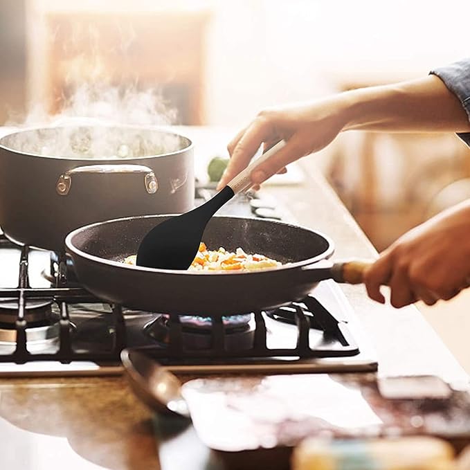 Woodtula Silicone Cooking Utensils Kitchen Utensil Set Heat Resistant Wooden Handles Black