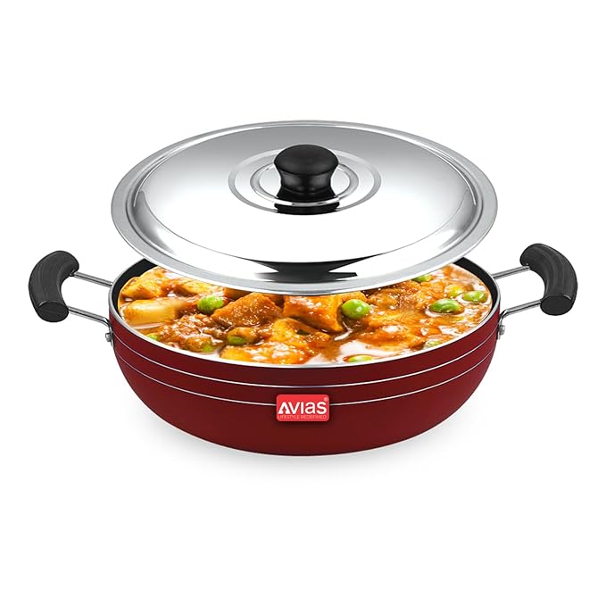Avias Indiana Kadhai 28cm Nonstick Aluminium Kadhai with Stainless Steel Lid Bakelite Handles