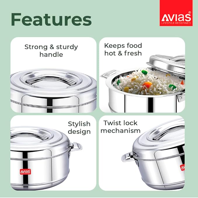 Avias Astra Double Wall Insulated Stainless Steel Casserole 2500ml Hot Box for Kitchen Hot Case with Steel Lid