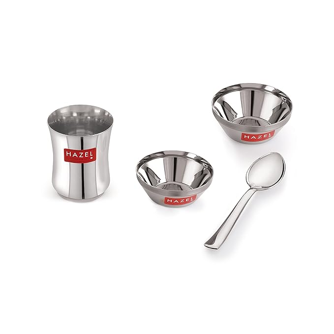 Hazel Stainless Steel Dinner Set for Kids Baby Dinner Set Combo of Steel Plate Glass Bowl & Spoon
