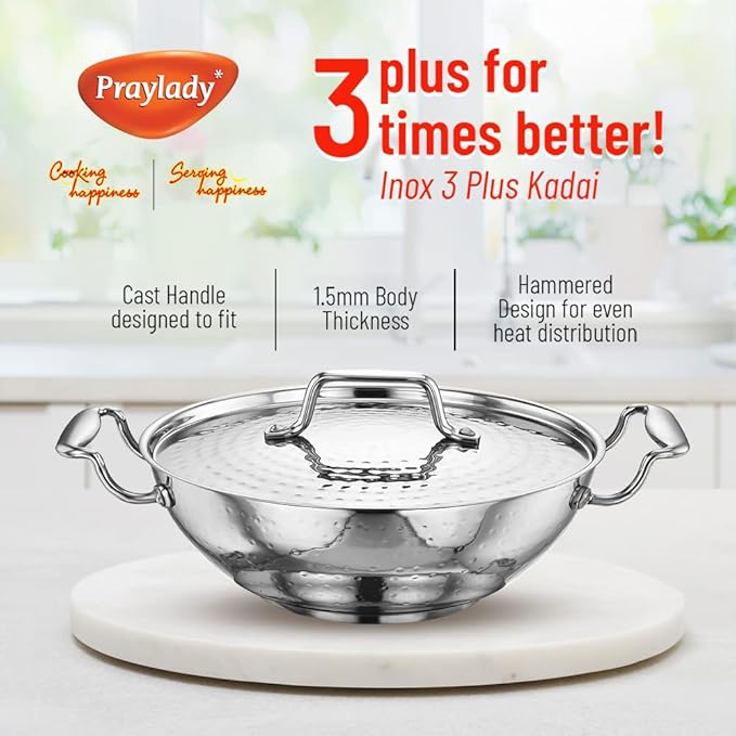 Praylady Stainless Steel Kadai with Lid Inox 3+ Series Dia 26cm 3.0L