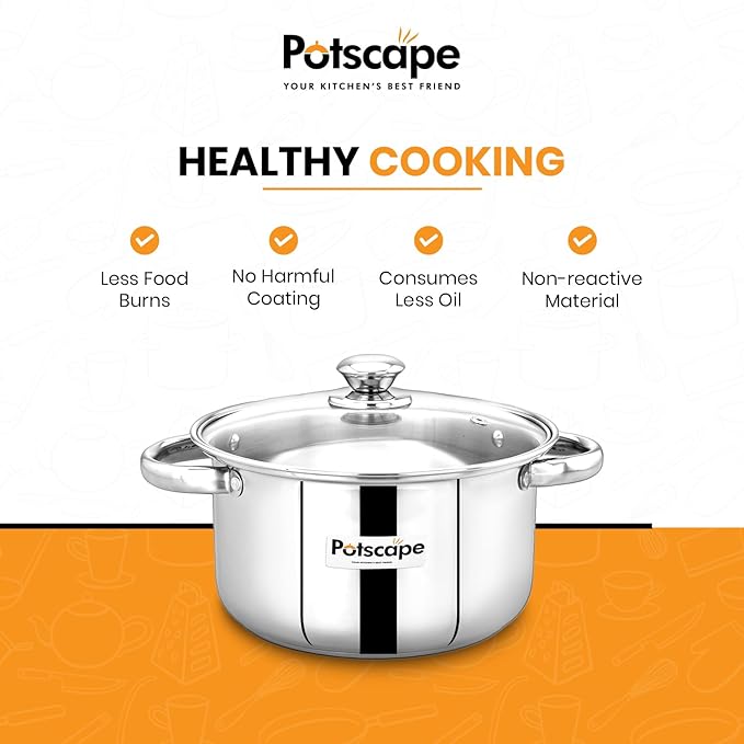 Potscape Pride Stock Pot 24 cm Capacity 4.9 Ltr Stainless Steel Tri-Ply Base with Glass Lid