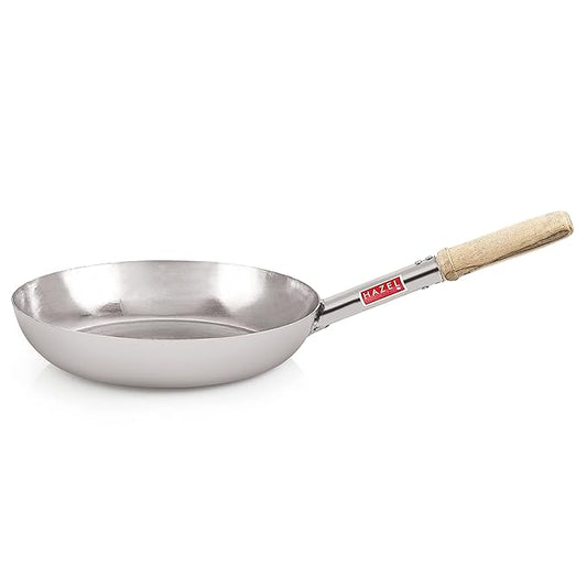 Hazel Stainless Steel Fry Pan Tapper Pan Tawa Tavi with Wooden Handle for Cooking and Frying, 31.5 cm, 2800 Ml