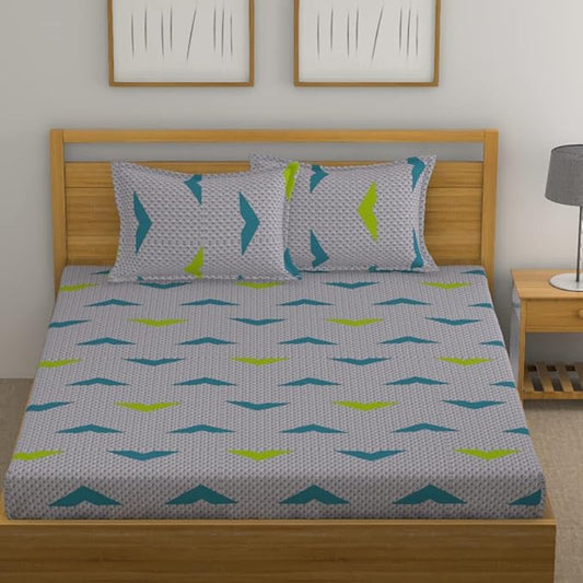 Huesland by Ahmedabad Cotton 144 TC Cotton King Size Bedsheet with 2 Pillow Covers - Light Grey, Blue & Green