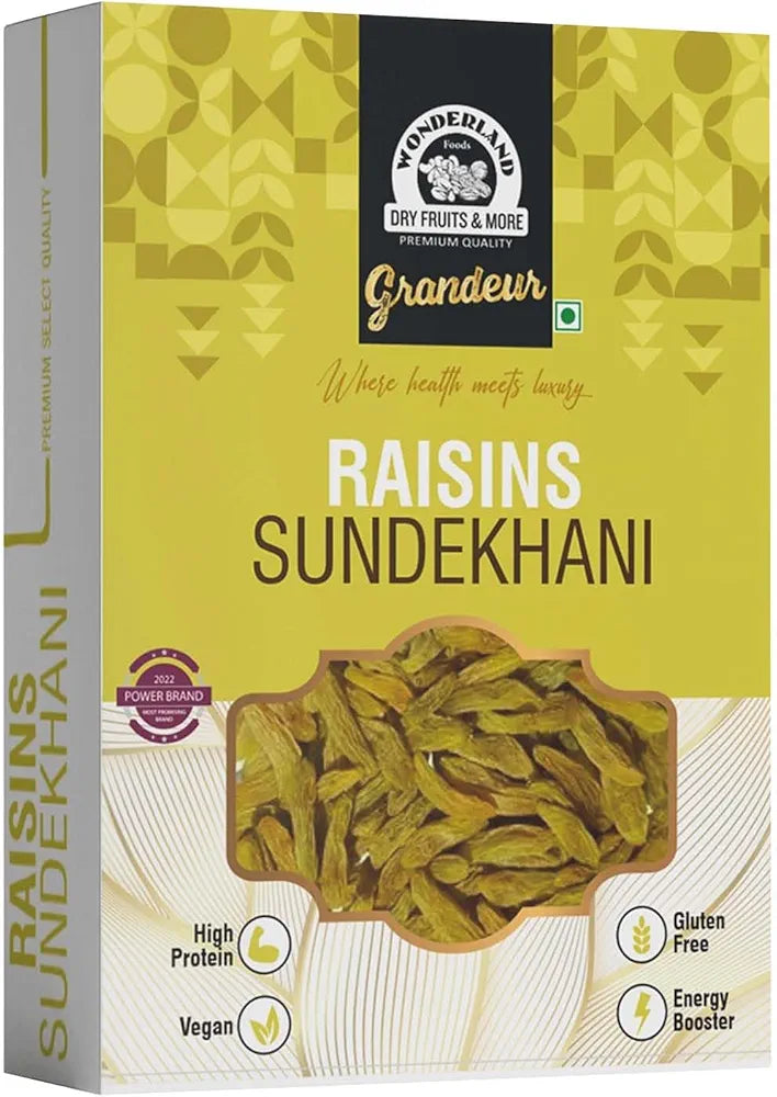 WONDERLAND FOODS Grandeur Premium Sundekhani Raisins Box Sund-E-Khani Kishmish Rich In Iron & Vitamin B|High In Antioxidants Whole Natural Dry Grapes|Seedless Long Raisins,500 Grams