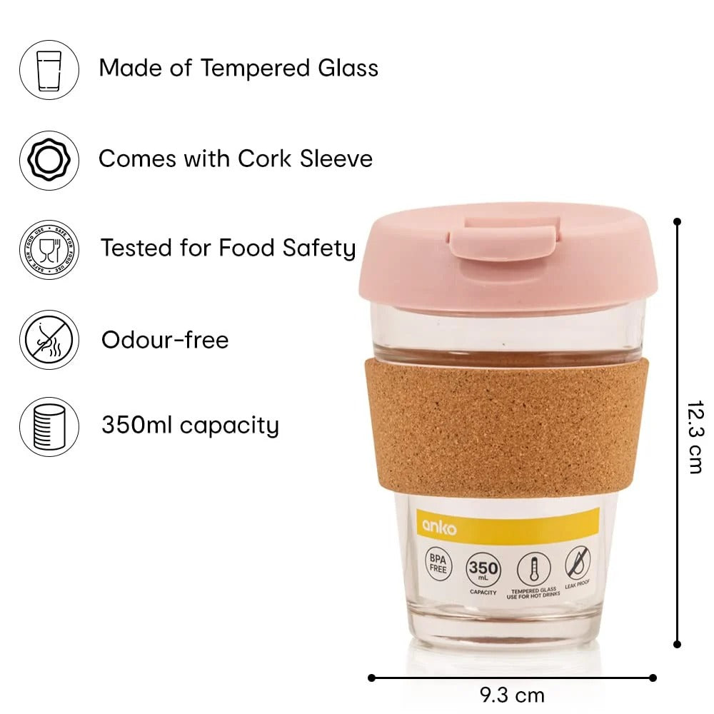 Anko 350ml Reusable Glass Travel Cup with Cork Sleeve | Eco-Friendly | BPA Free