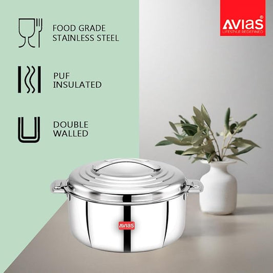Avias Platina Premium 2500 ml Double Wall Insulated Stainless Steel Casserole Hot Pot for Roti Gravy
