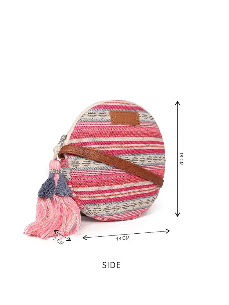 Astrid Round Textured Sling Bag For Girls With Zip Colour Pretty Pink
