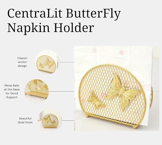 CentraLit Butterfly Pattern Napkin Holder for Dining Table Tissue Paper Stand for Kitchen Home Office Gold Colour