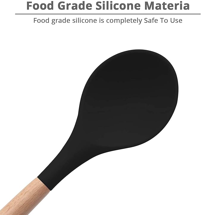 Woodtula Silicone Cooking Utensils Kitchen Utensil Set Heat Resistant Wooden Handles Black