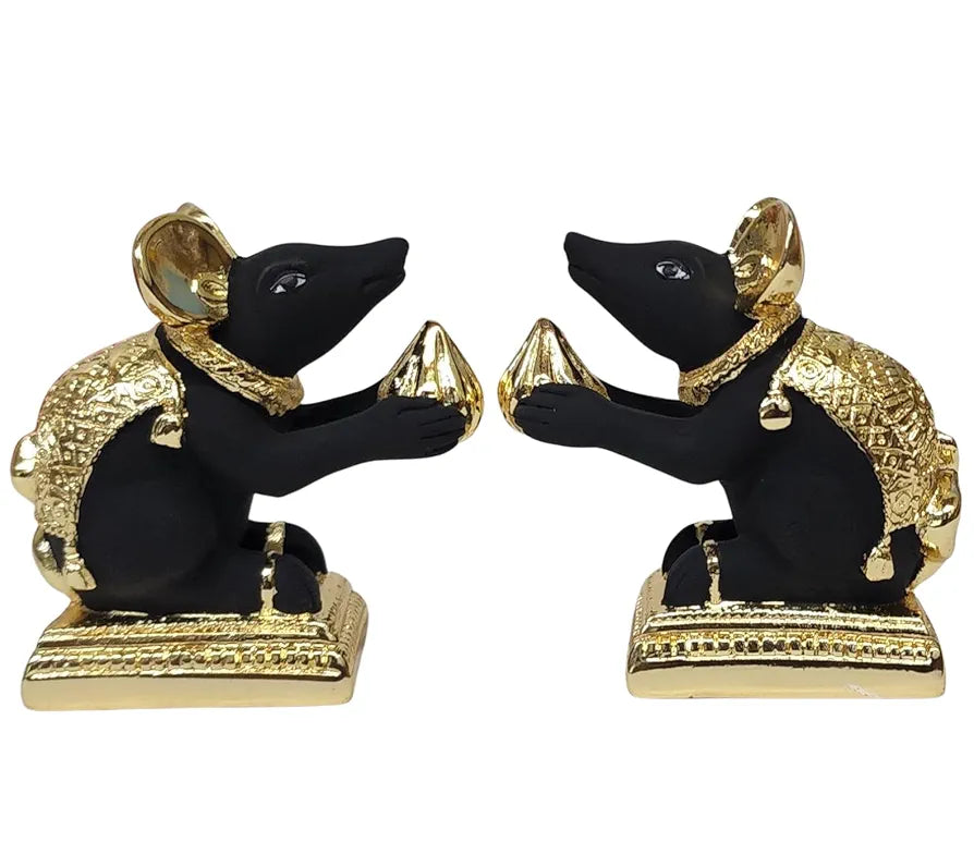Gold Art India Gold-Plated Mushak Mouse Pair with Modak Black Terracotta Finish