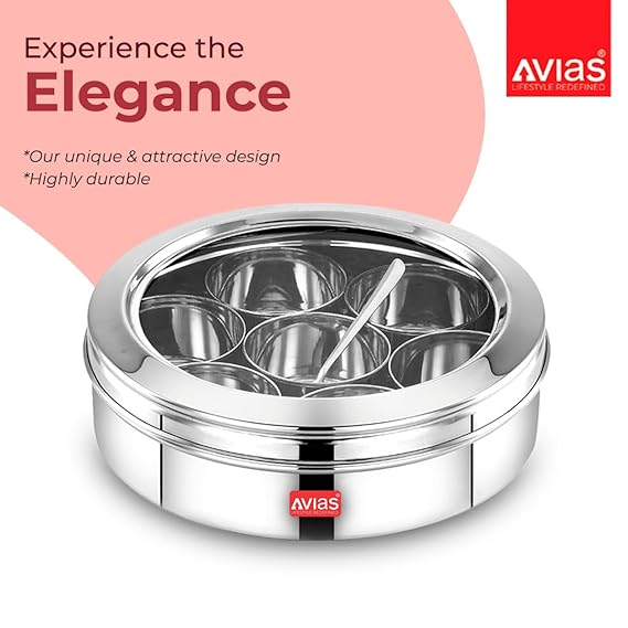Avias Elegant Stainless Steel Spice Box Cum Organiser With See Through Lid Glass Lid Masala Dani