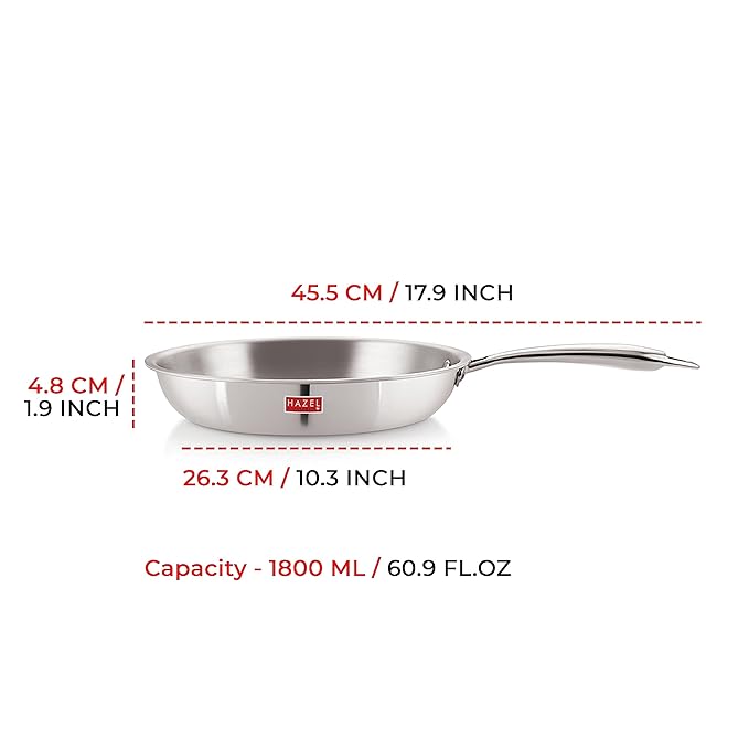 Hazel Triply Stainless Steel Frying Pan Induction Base Bottom Deep Fry Pan with Steel Lid 1.8 Litre 22 cm