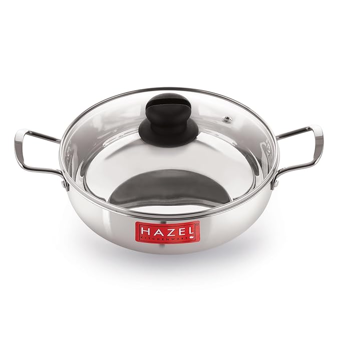 Hazel Induction Base Kadai Stainless Steel Deep Karahi with Glass Lid Cover 1900 Ml