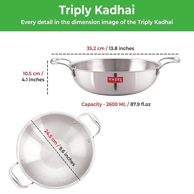Hazel Triply Stainless Steel Kadai Triply Kadai Steel 2.6 litres Induction Bottom