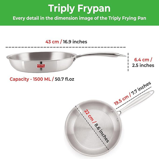 Hazel Triply Stainless Steel Frying Pan Induction Base Bottom Deep Fry Pan with Steel Lid 1.5 Litre 22 cm