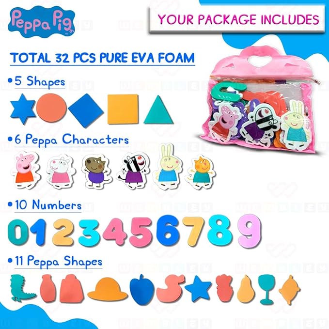 Wembley Peppa Figures Foam Cut Outs for Kids EVA Foam Stickable Bath Toy Set of 32