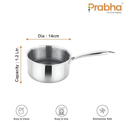 Prabha Tri-Ply Stainless Steel Hexa Cube Sauce Pan Included Lid 14cm 1.2L Non Stick Coating