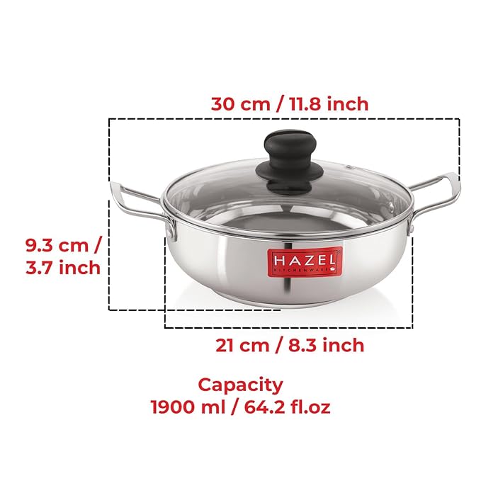 Hazel Induction Base Kadai Stainless Steel Deep Karahi with Glass Lid Cover 1900 Ml