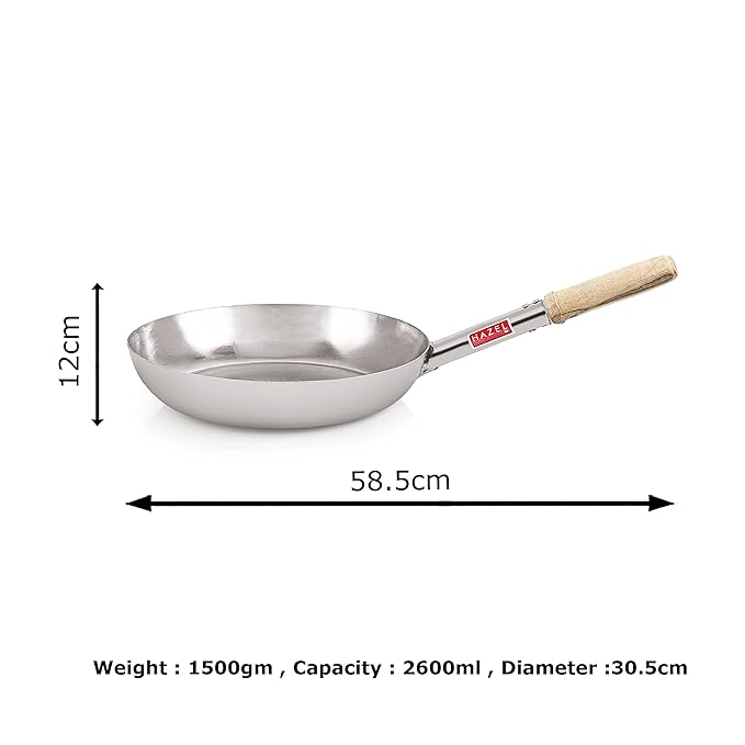 Hazel Stainless Steel Fry Pan Tapper Pan Tawa Tavi with Wooden Handle for Cooking and Frying, 31.5 cm, 2800 Ml