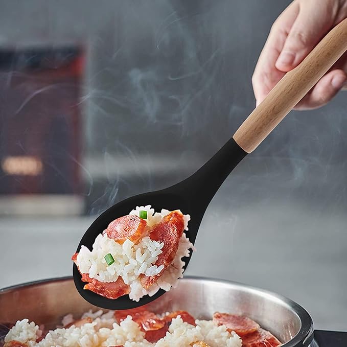 Woodtula Silicone Cooking Utensils Kitchen Utensil Set Heat Resistant Wooden Handles Black