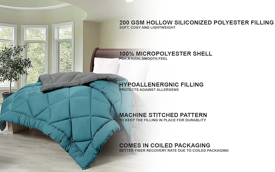 Cloth Fusion Reversible AC Comforter Single Bed Soft Microfibre Quilt Blanket for Winter Teal & Light Grey