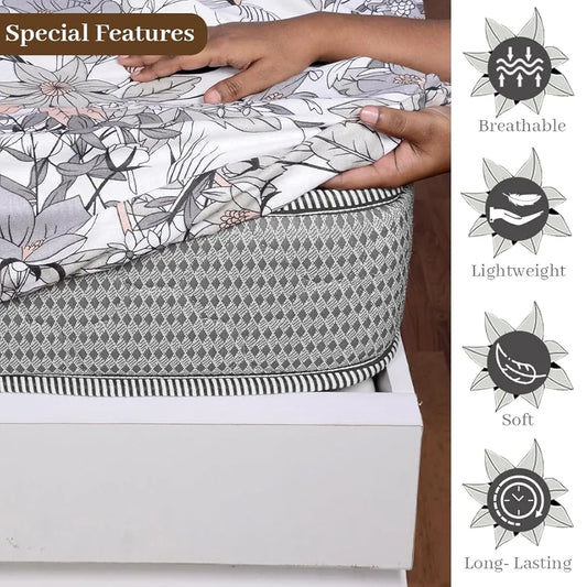Divine Casa Cotton Classic Floral Bedsheet for Double Bed Elastic Fitted with 2 Pillow Covers Griffin 144 Tc Colour Peach Nectar
