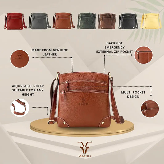 Goatter Genuine Leather 9.5" Inch Sling Cross-BodyBag for Girls And Women,