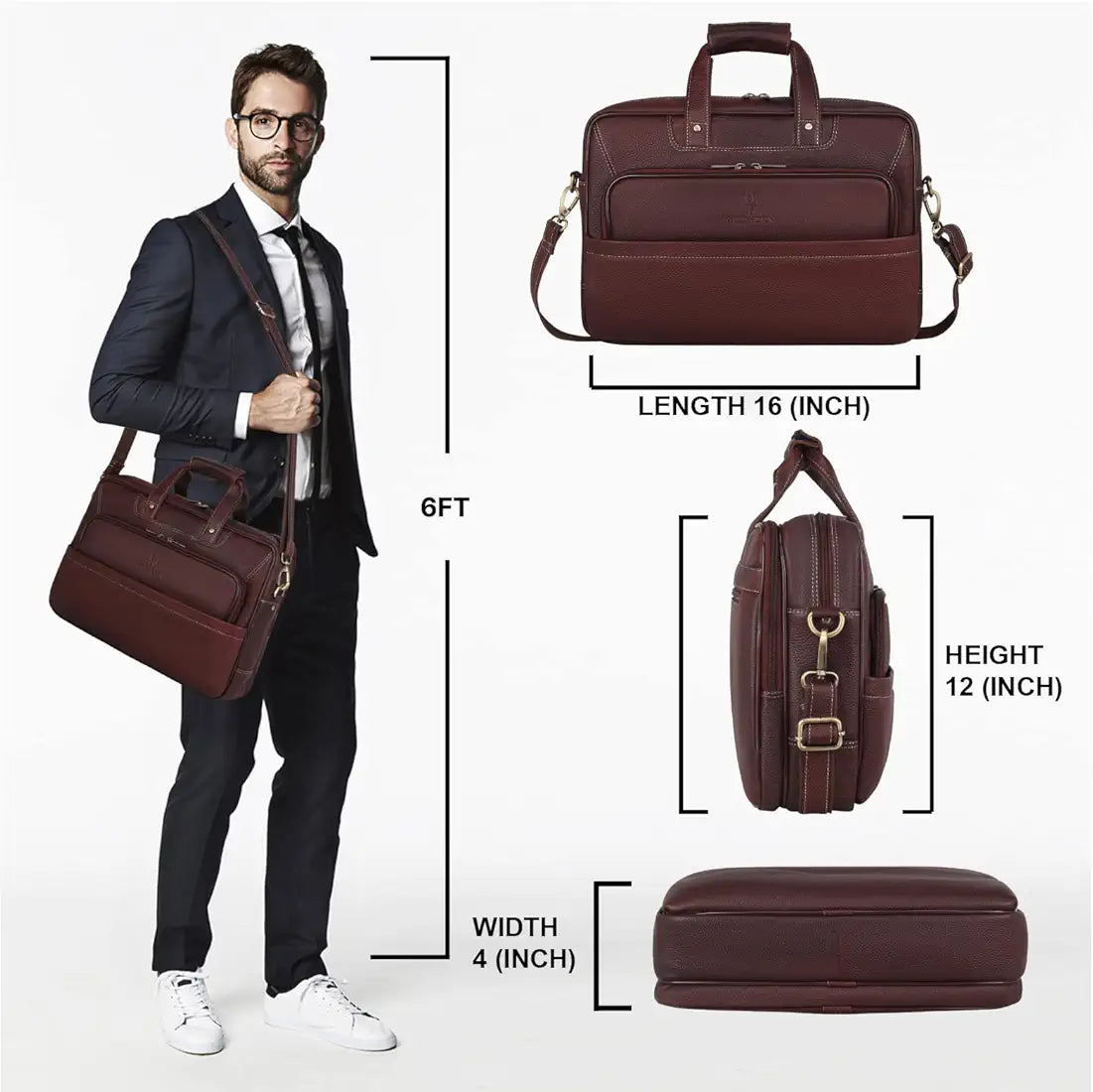 WildHorn Classic Leather 16 inch Laptop Messenger Bag for Men I Office Bags I Travel Bags I Carry Handles with Adjustable Strap I Dimension: L- 16 inch H-12 inch W- 4 inch