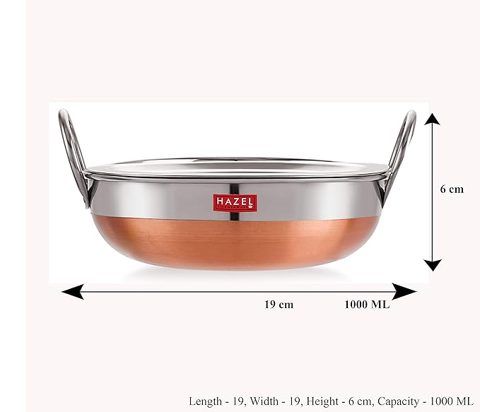 Hazel Stainless Steel Kadai with Lid Copper Bottom Utensil Capacity of 1Ltr I 18 Gauge Vessel