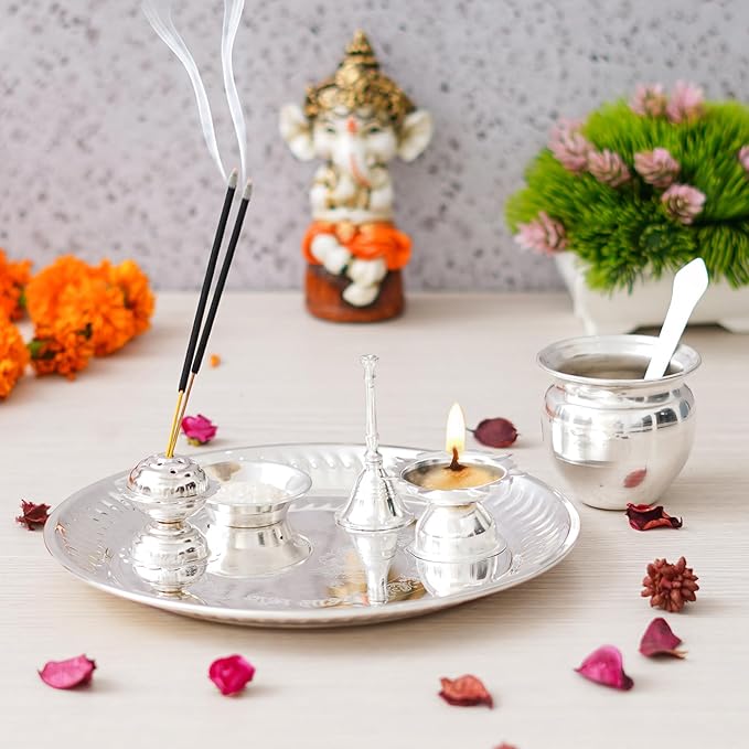 Ecraftindia Silver Pooja Thali Set With Diya, Ghanti, Kalash, Spoon, Agarbatti Stand, Bowl