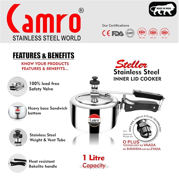 Camro Steel Pressure Cooker Steller 1 Liters Inner Lid Induction and Gas Stove Friendly