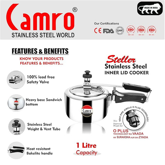 Camro Steel Pressure Cooker Steller 1 Liters Inner Lid Induction and Gas Stove Friendly