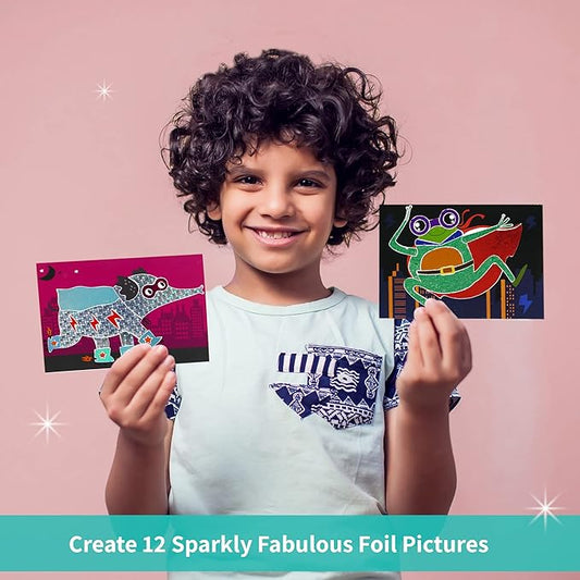 Chalk and Chuckles Paper Art and Craft Kit | Fabulous Foil Art | Create 12 Superhero Animals Theme Pictures | Creative Toys for Kids