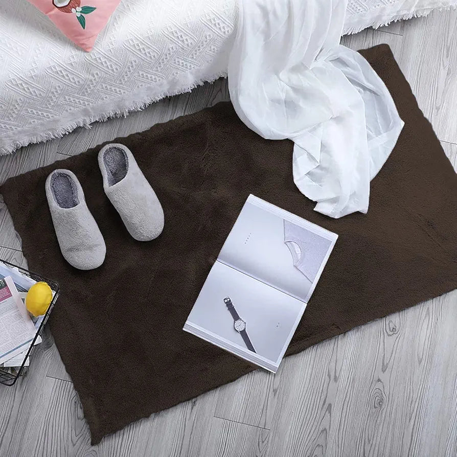 Luxe Home International Rabbit Fur Mat Soft Anti Slip Skid Ruffle Rectangular Mats 45X75 Cm Colour Chocolate