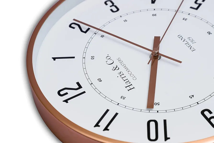 Harris & Co. Clockmasters Silent Sweep Noiseless Technology Wall Clock Analog Rose Gold