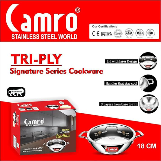 Camro Tripro Triply Signature Kadhai with lid 18 Cm 1 Liters Capacity Stainless Steel Lid for Curry