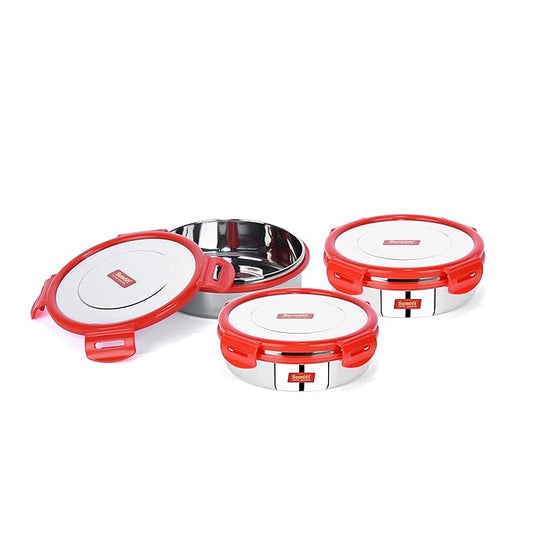 Sumeet Airtight & Leak Proof Steelexo S. S.Lunch Box Lid Size 600 ml Set of 3pc Red